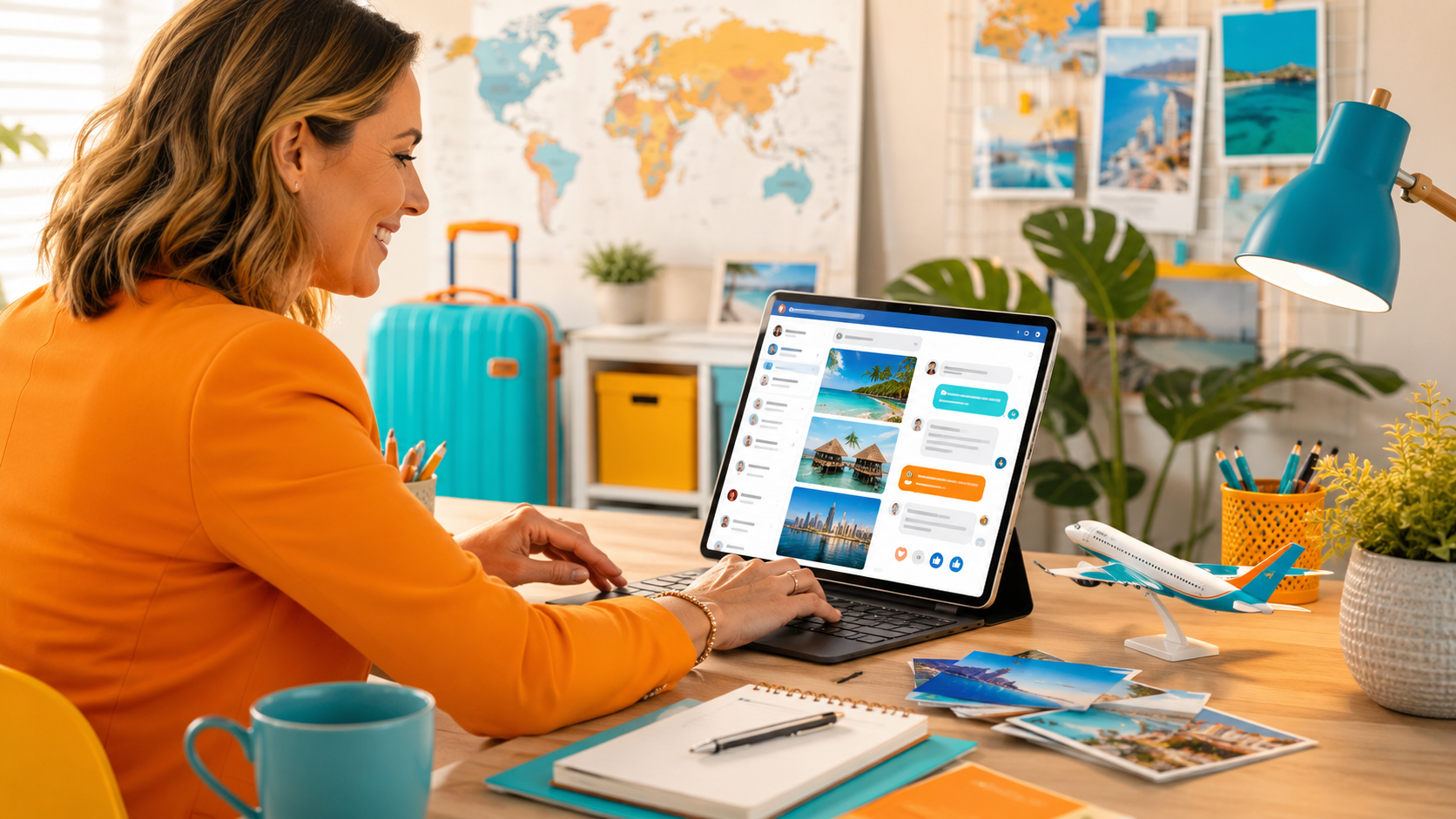Bright and vibrant travel planner workspace