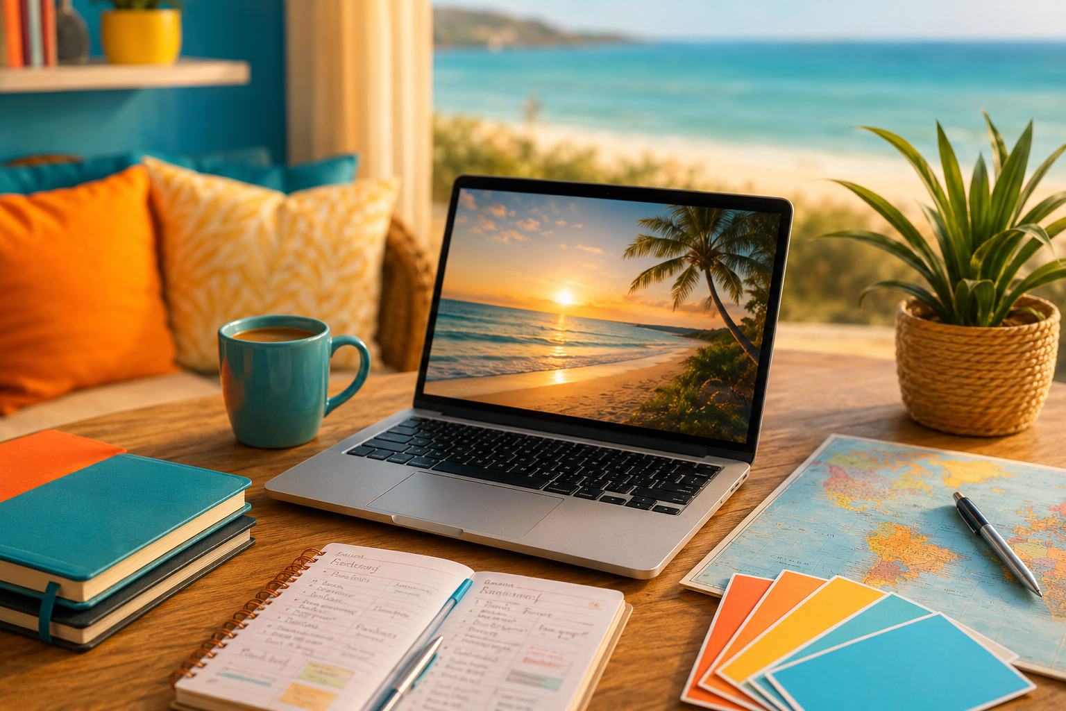 Travel homeworker planning an end-of-summer referral campaign in a bright home office