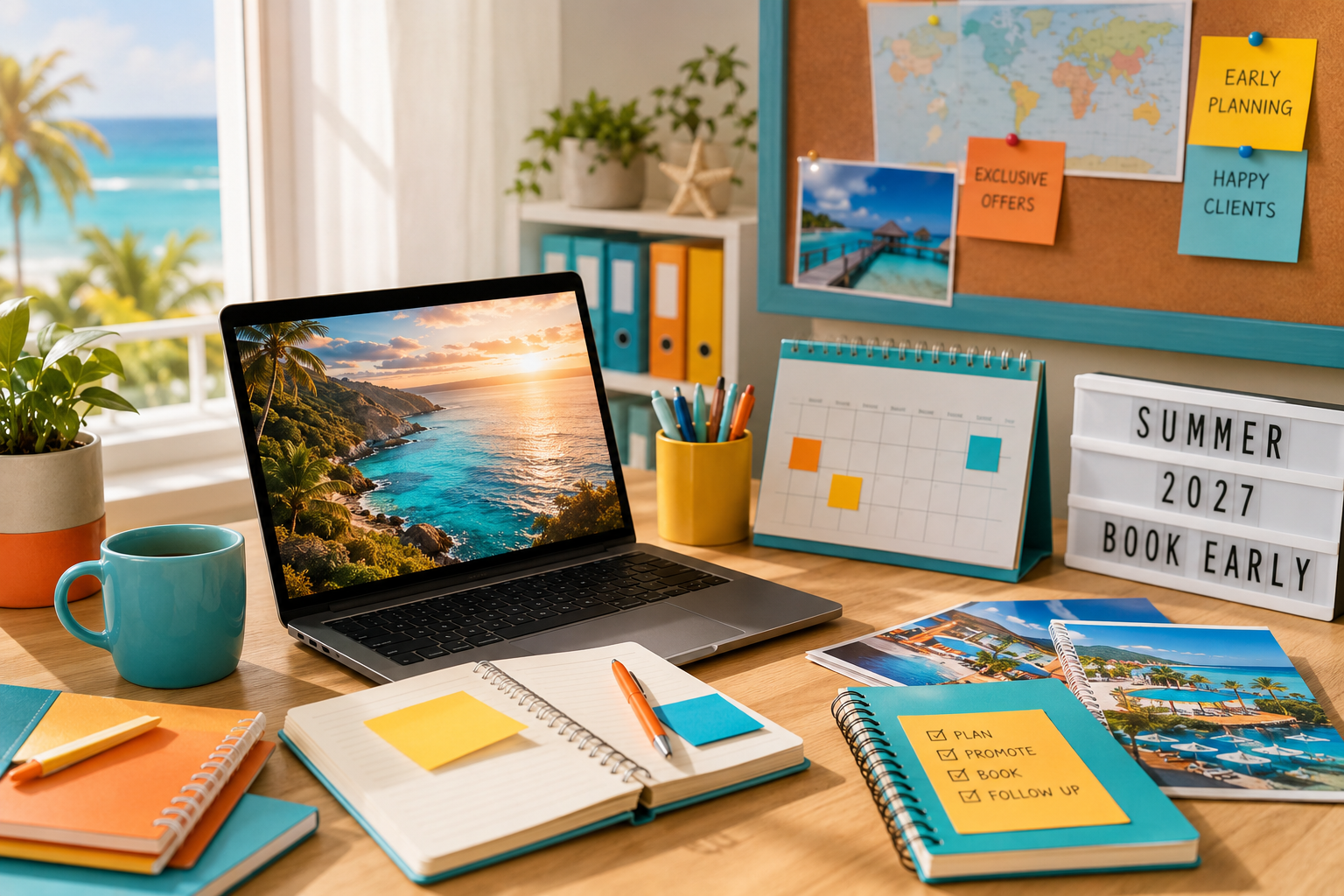 Travel homeworker planning advance Summer 2027 holiday sales in a bright home office