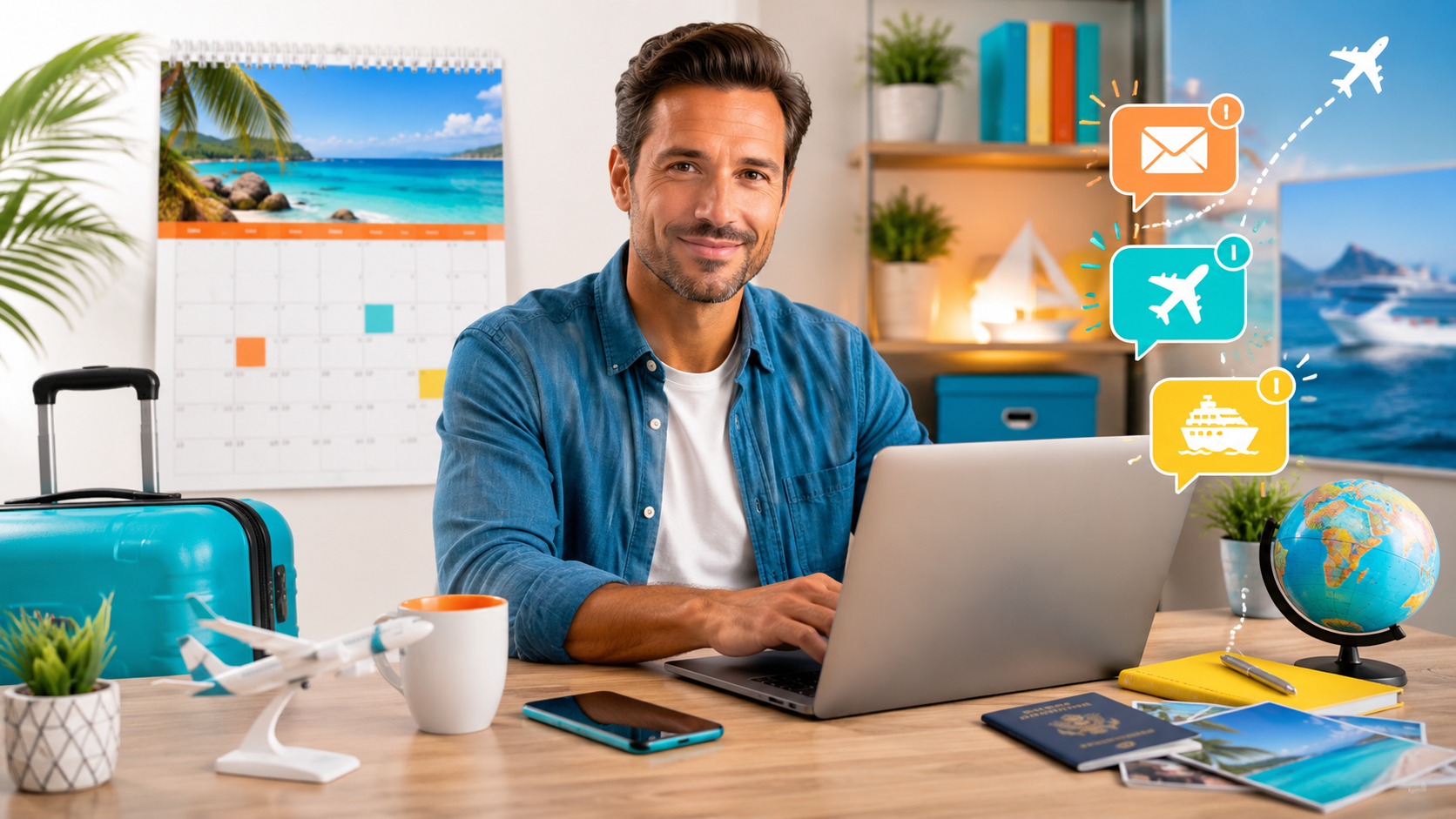 Travel homeworker planning a July travel sales strategy from home with holiday enquiries and summer travel ideas.