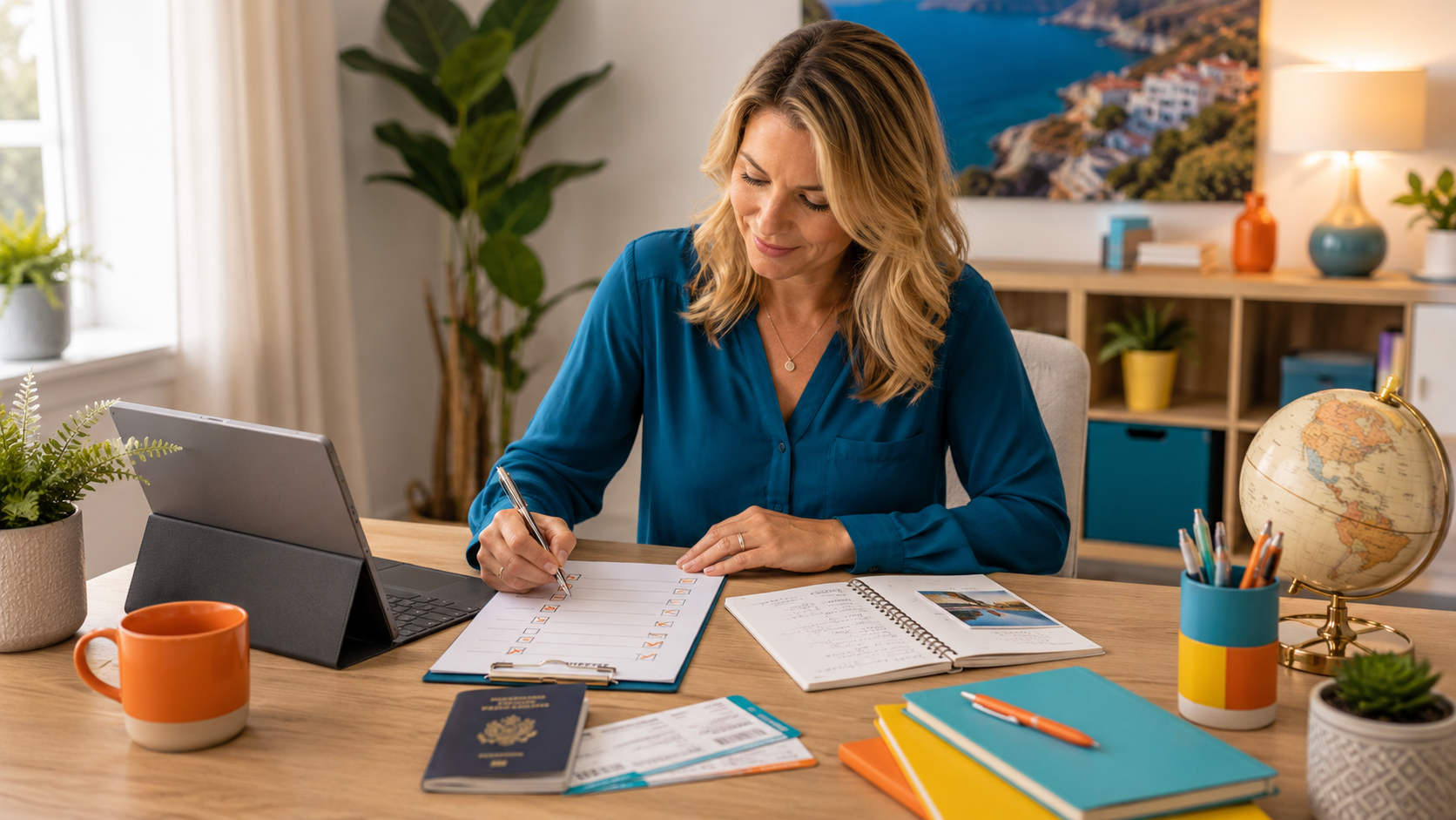 Travel homeworker building a client travel checklist for a holiday booking