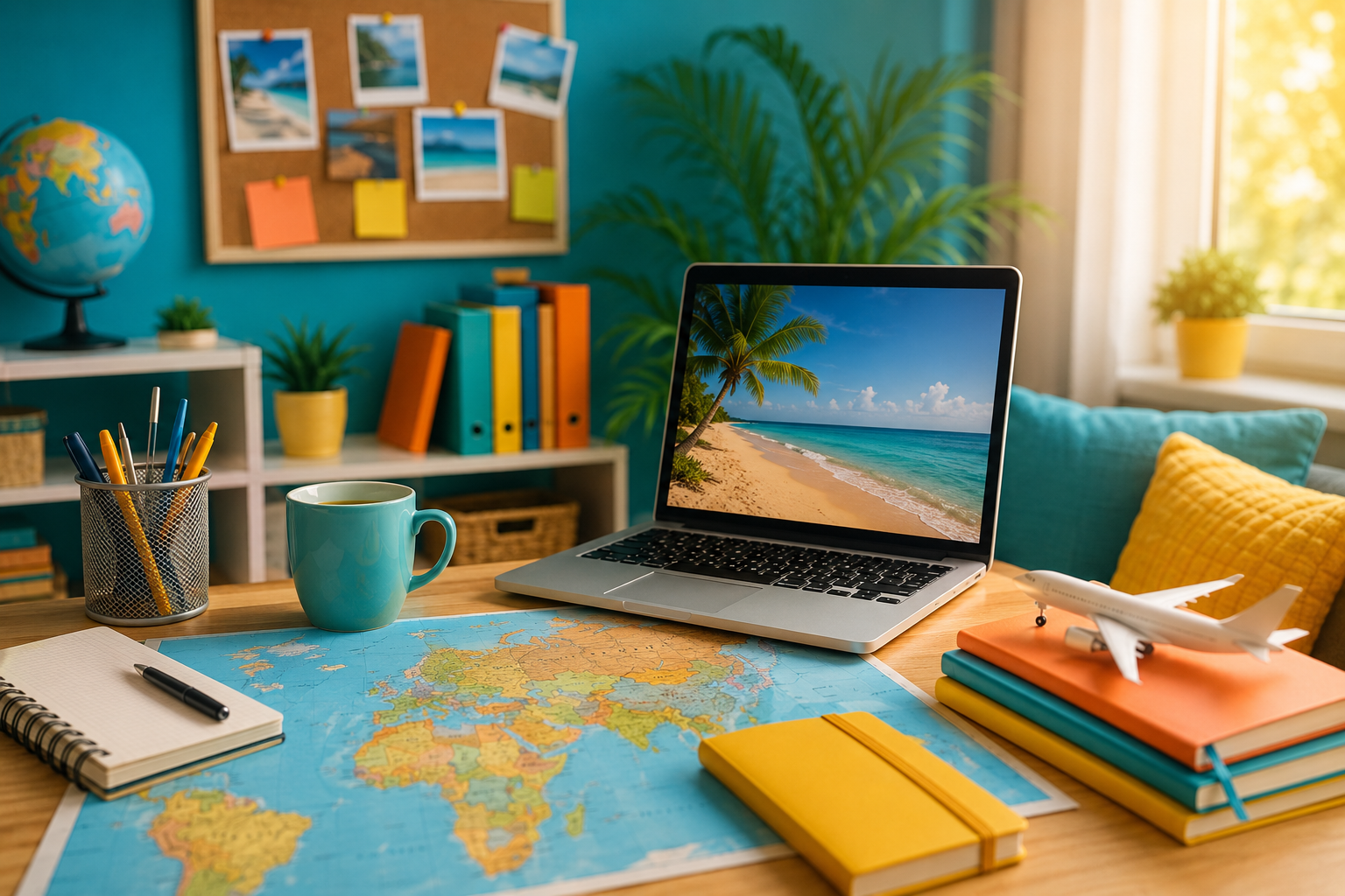 Independent travel consultant planning back-to-school travel offers in a bright home office