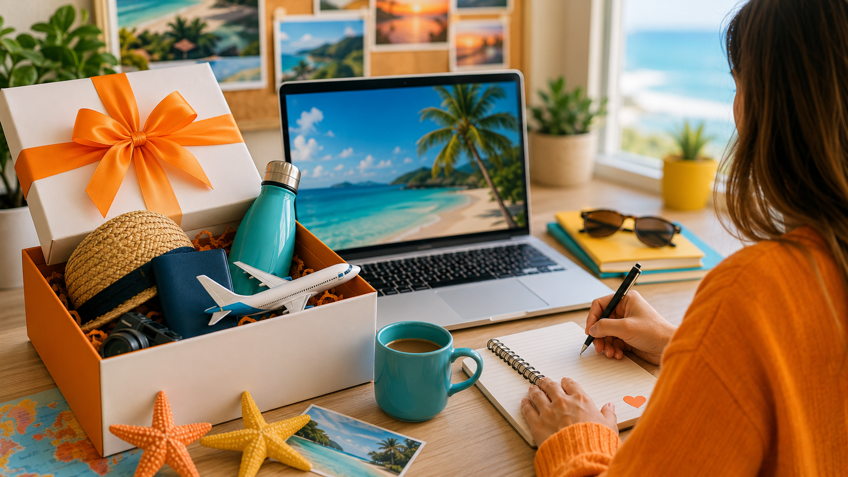 Travel-inspired workspace with beach vibes
