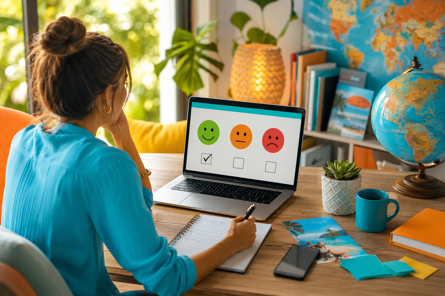 Travel homeworker reviewing client survey responses while planning personalised holiday marketing