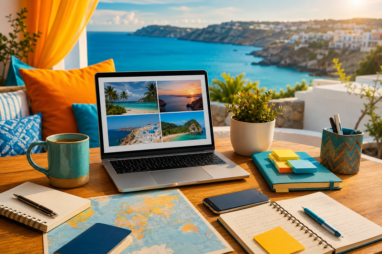 Travel homeworker planning late summer holiday ideas for clients
