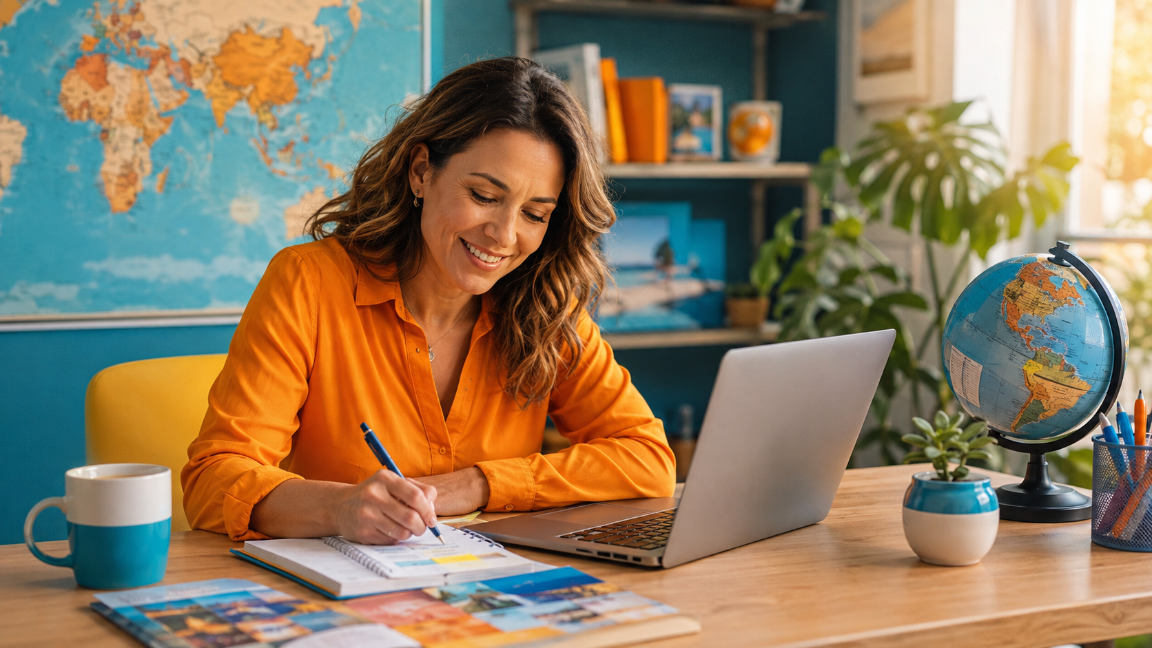Travel homeworker helping a client plan a long-term 2027 holiday from a bright home office