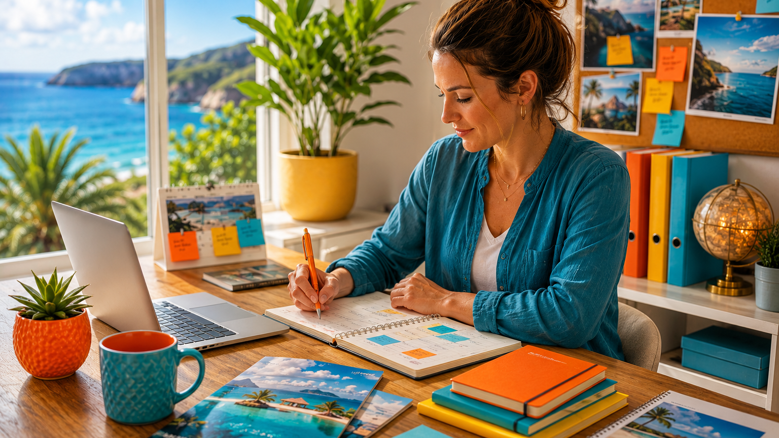 Travel homeworker preparing a September travel sales plan