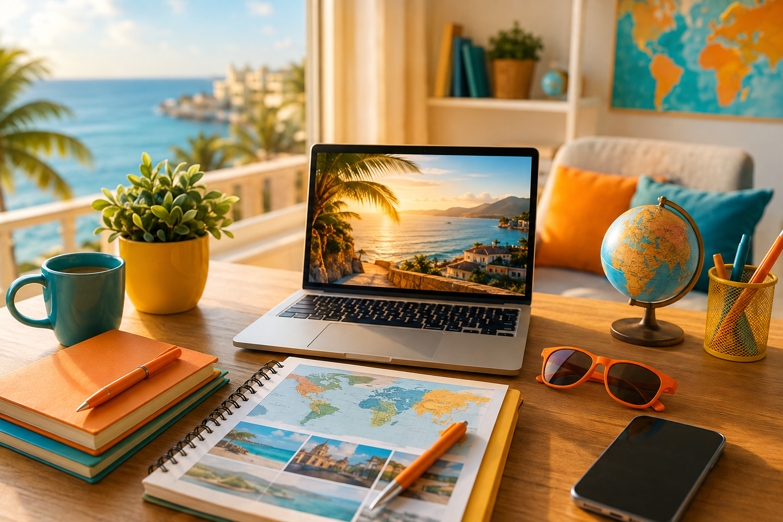 Independent travel consultant promoting shoulder season holidays from a bright home office