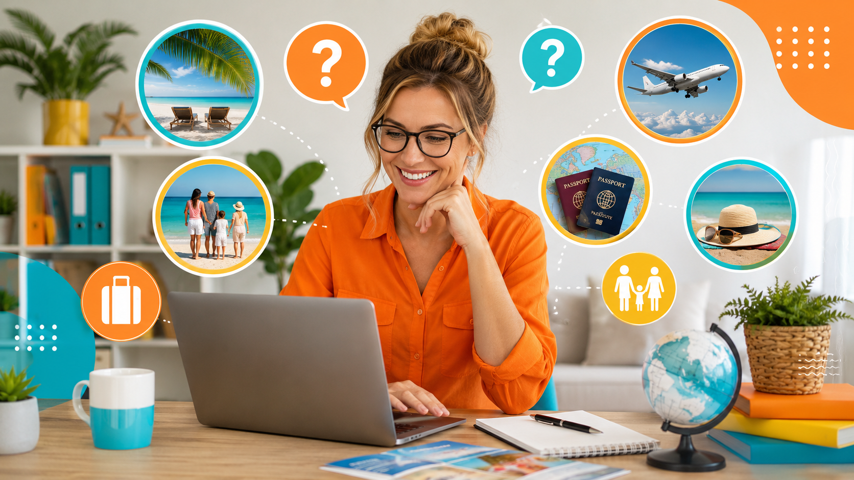 Travel homeworker answering summer client FAQs with holiday planning icons in ITC brand colours.