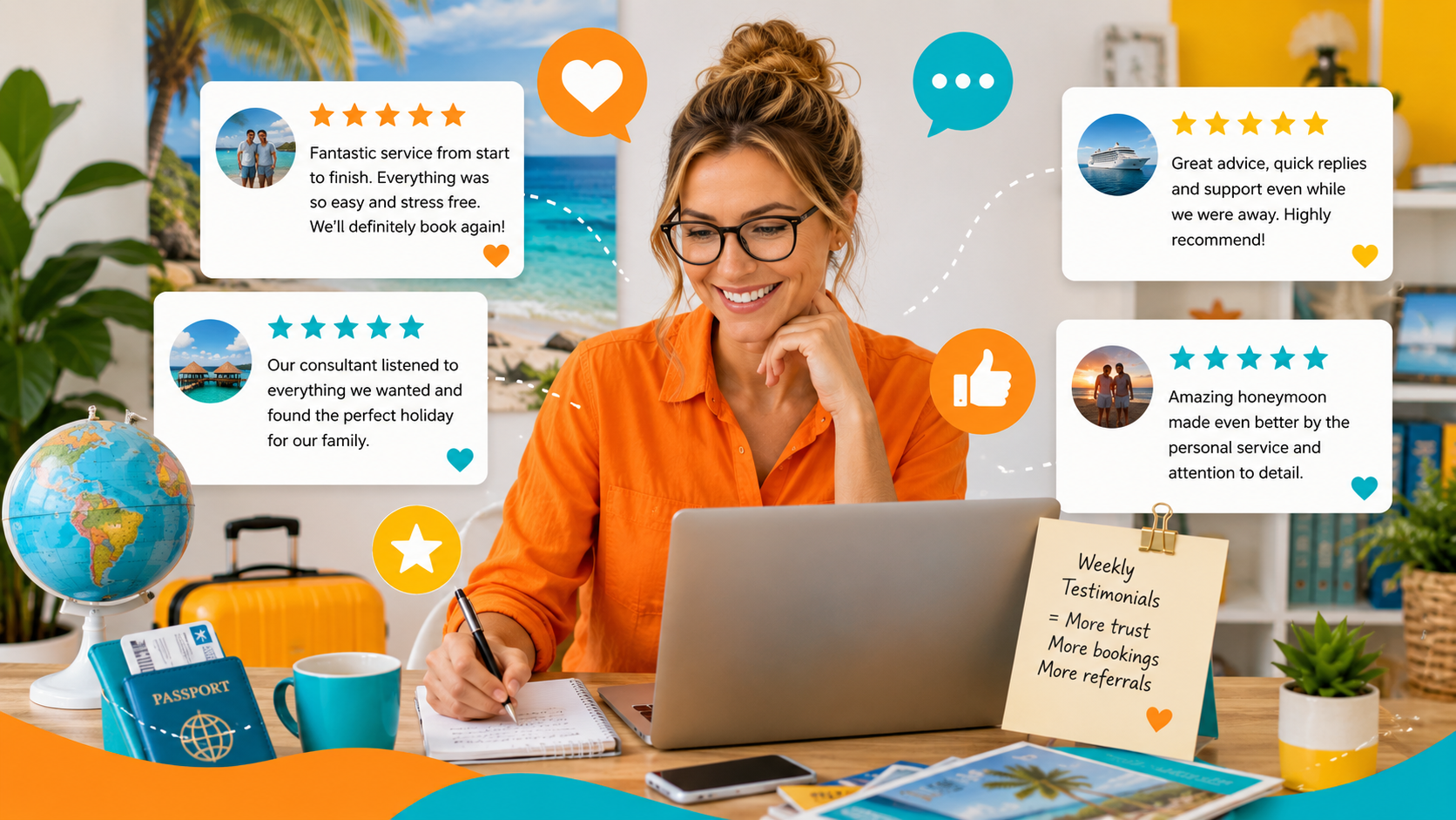 Travel homeworker reviewing weekly travel testimonials in ITC brand colours.