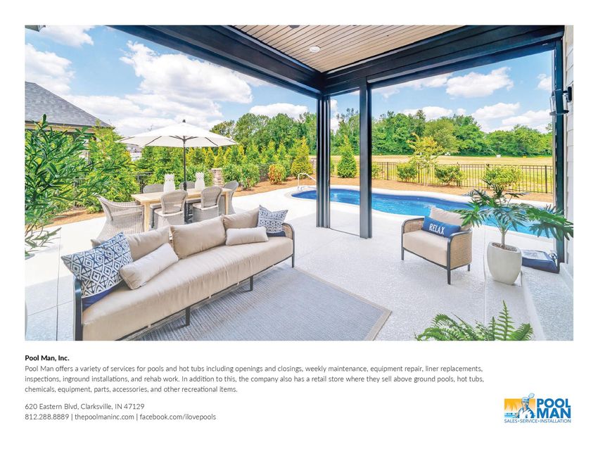 A living room with a couch and chairs and a pool in the background.