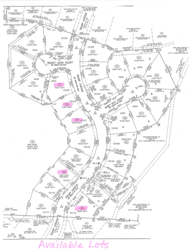 A black and white map of available lots on a white background