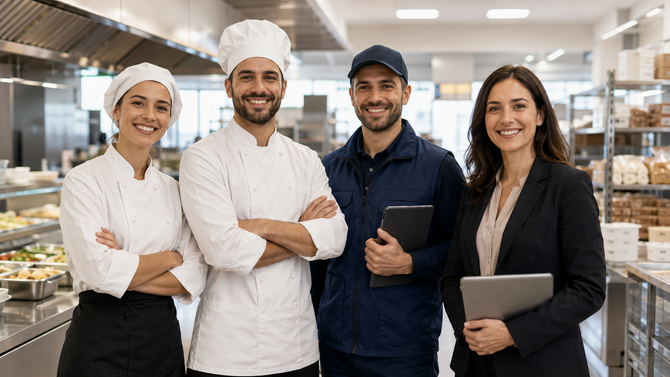 Quattro dipendenti di un panificio, sorridenti e in uniforme, in piedi insieme in una luminosa cucina professionale.