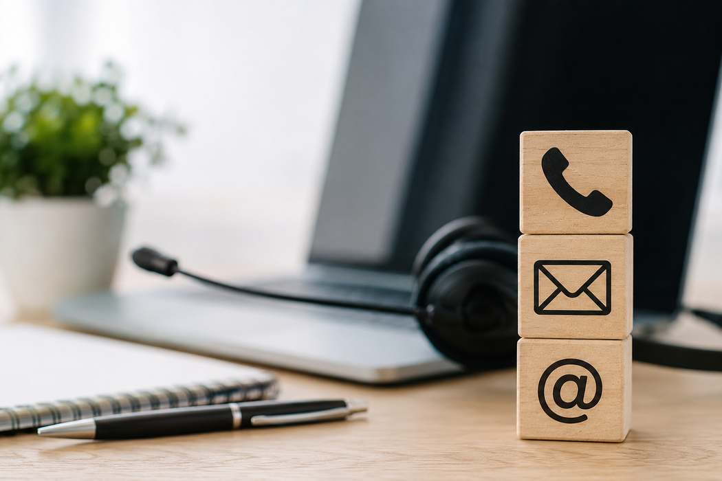 Accanto a un computer portatile e a una cuffia su una scrivania, delle icone di contatto in legno suggeriscono un servizio di assistenza clienti.