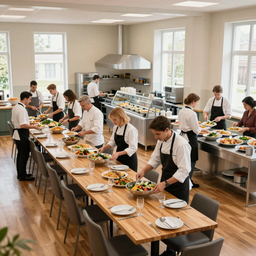 Il personale della mensa sistema i piatti su lunghi tavoli in una sala da pranzo luminosa con grandi finestre.