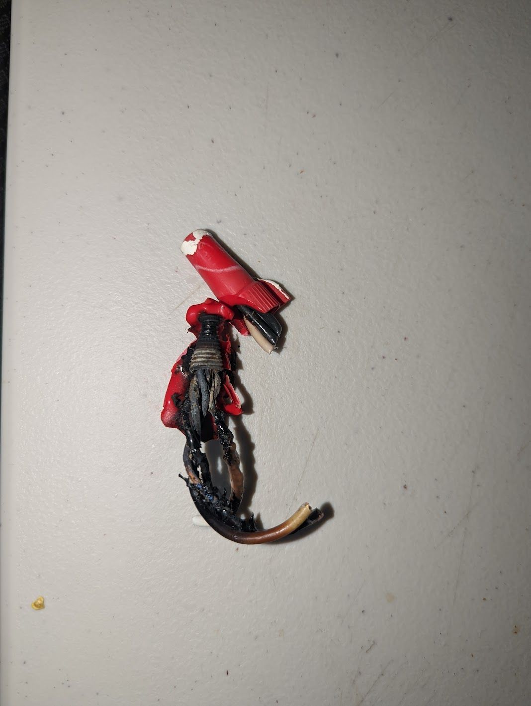 A charred, melted red plastic object attached to blackened electrical wires against a white background.