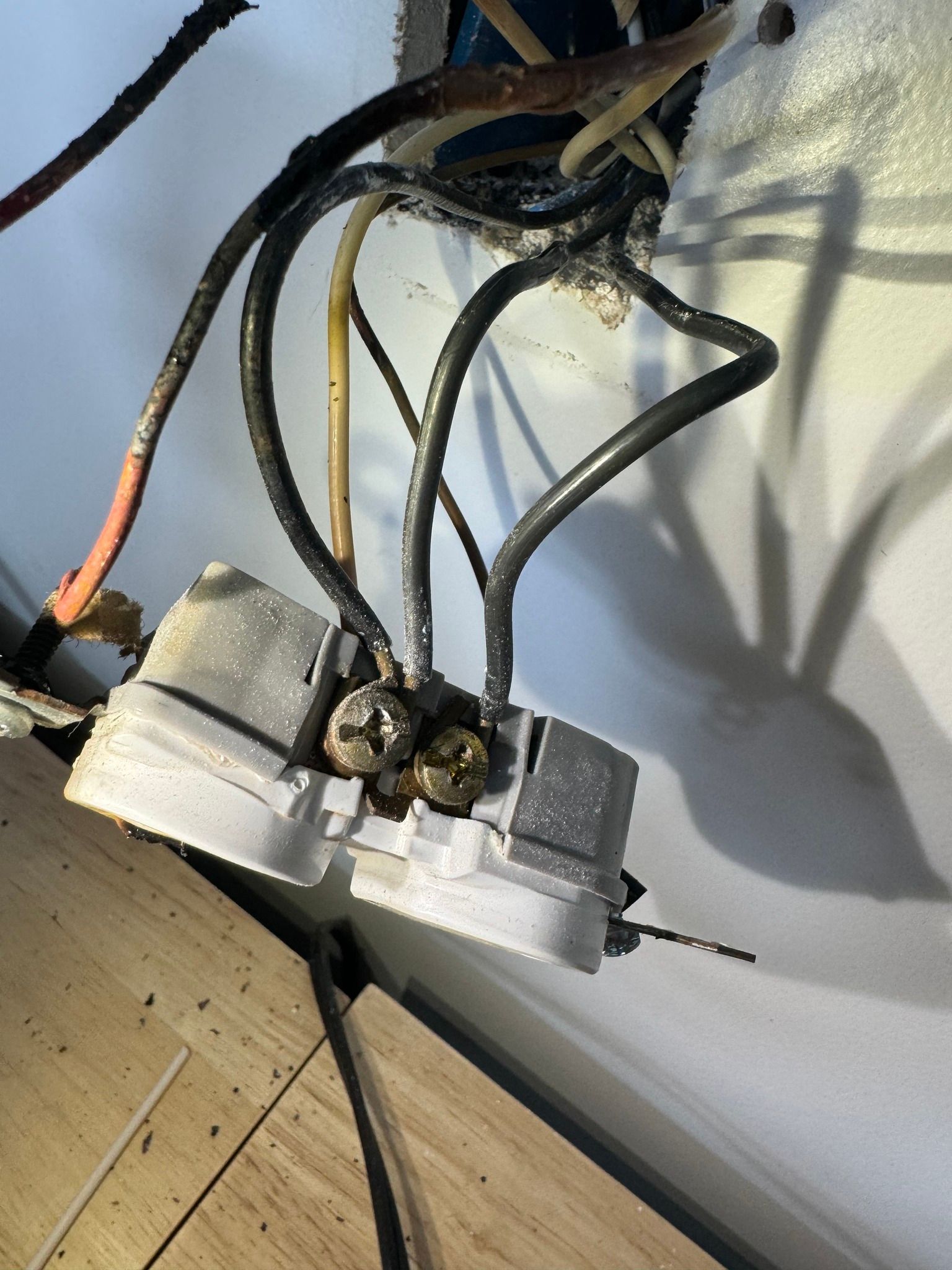 Exposed electrical wall outlet with multiple black wires connected to brass terminal screws, set against a white wall.
