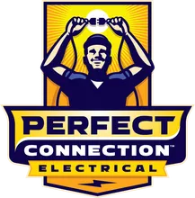 A logo for Perfect Connection Electrical featuring a person connecting an electrical plug against a yellow sunburst background.