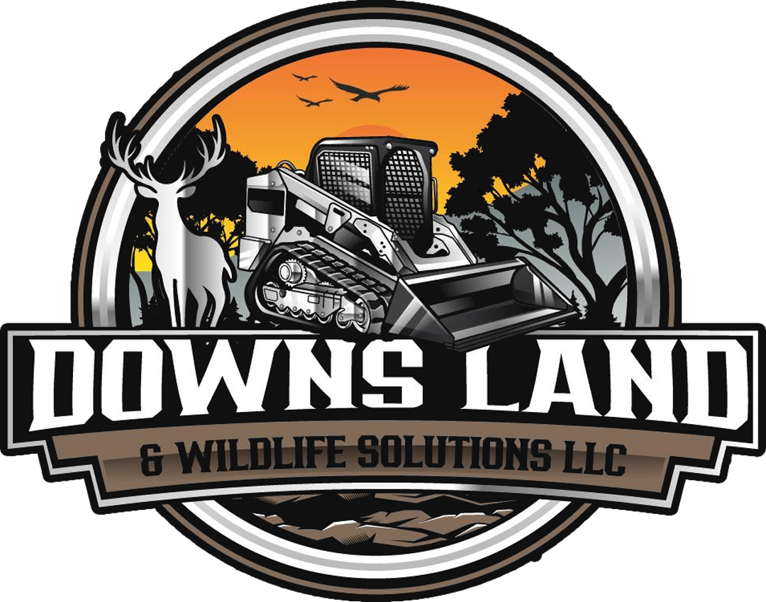 Logo for Downs Land & Wildlife Solutions LLC featuring a deer, a track loader, and birds against an orange sunset background.