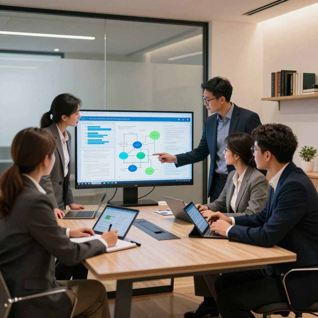 Business meeting around a conference table with a presenter pointing at a data chart on a large screen.