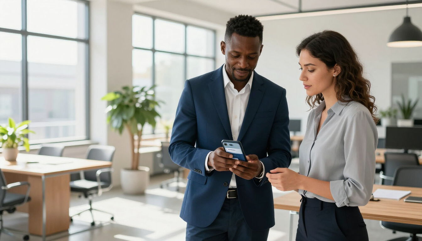 Professional showing a business mobile app on a smartphone in South Africa
