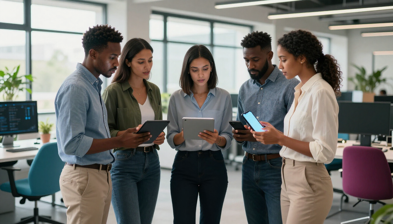 Diverse South African professionals using mobile technology