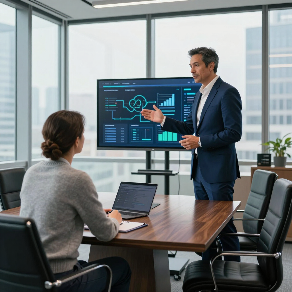 Business meeting in a glass-walled office, with a presenter using a digital dashboard and a seated colleague taking notes