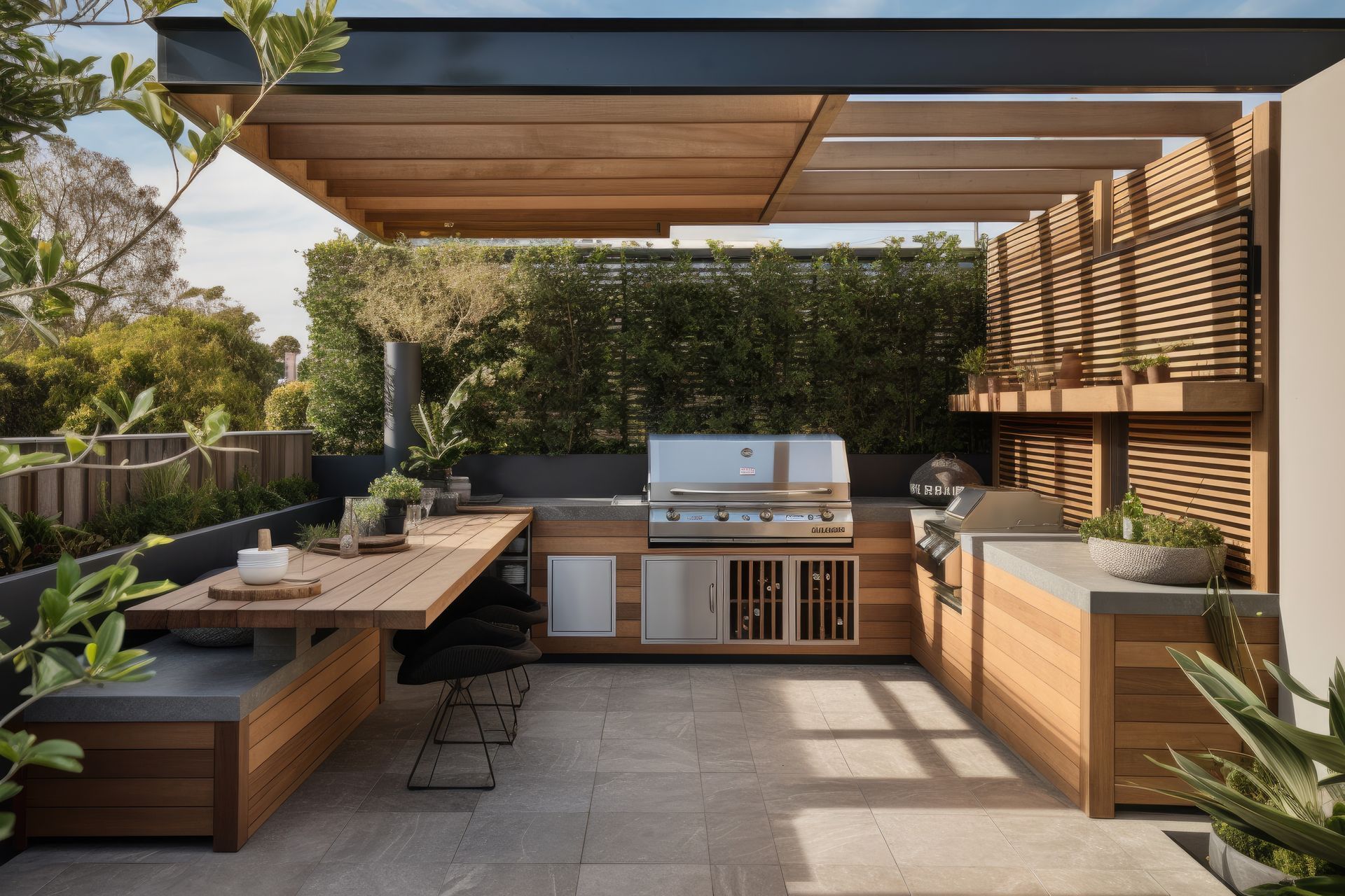 Un patio avec une table et un barbecue sous une pergola.