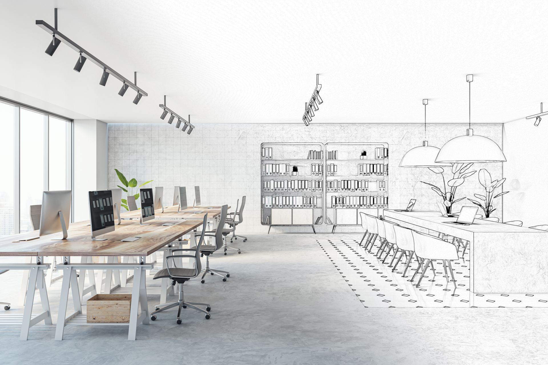 Un dessin en noir et blanc d'un bureau avec tables et chaises.