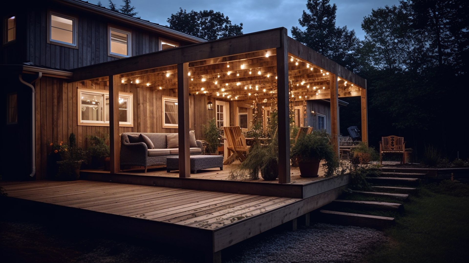 Une maison avec un porche couvert de guirlandes lumineuses la nuit.