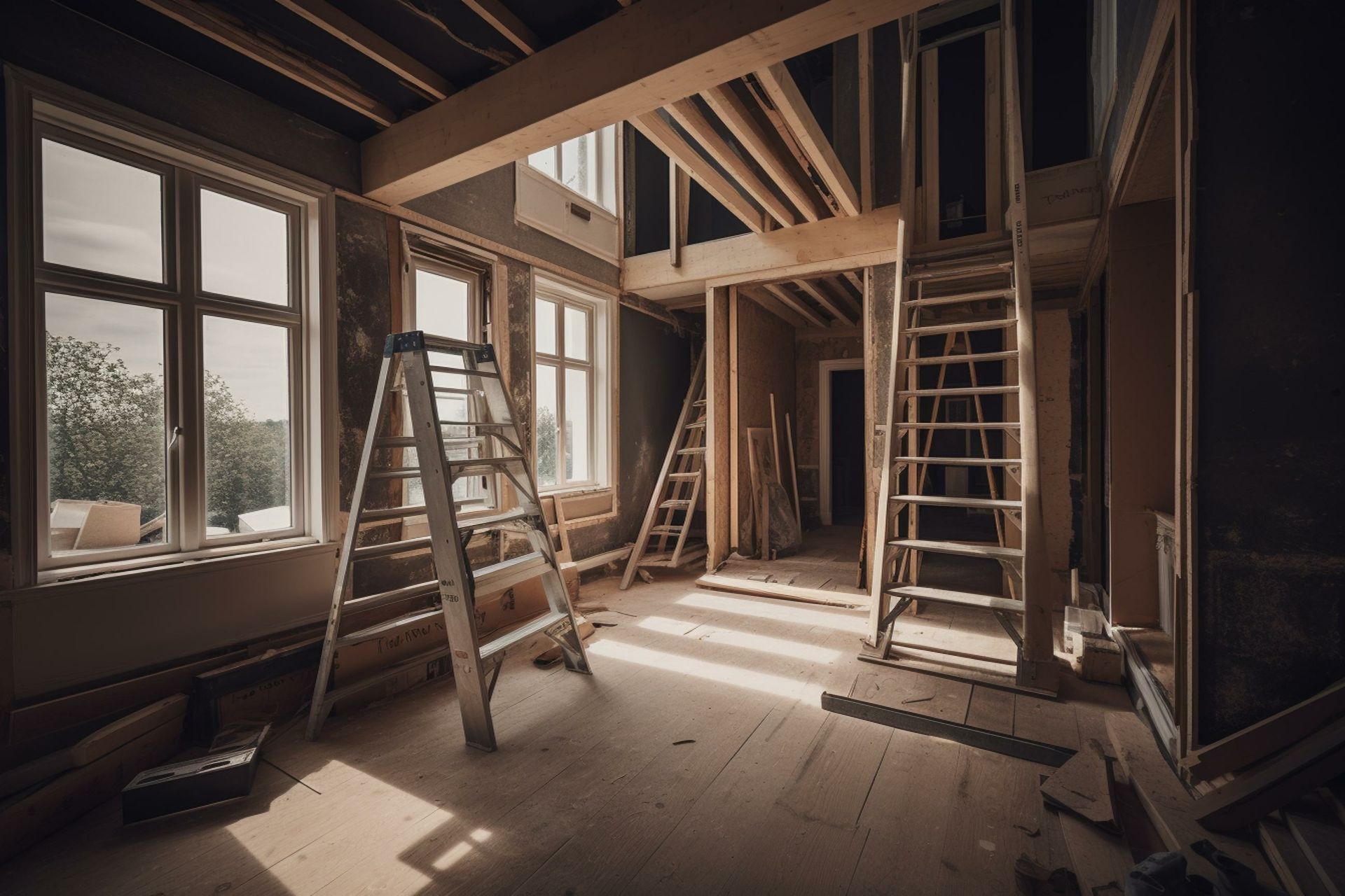 Une pièce en construction avec une échelle et un échafaudage.