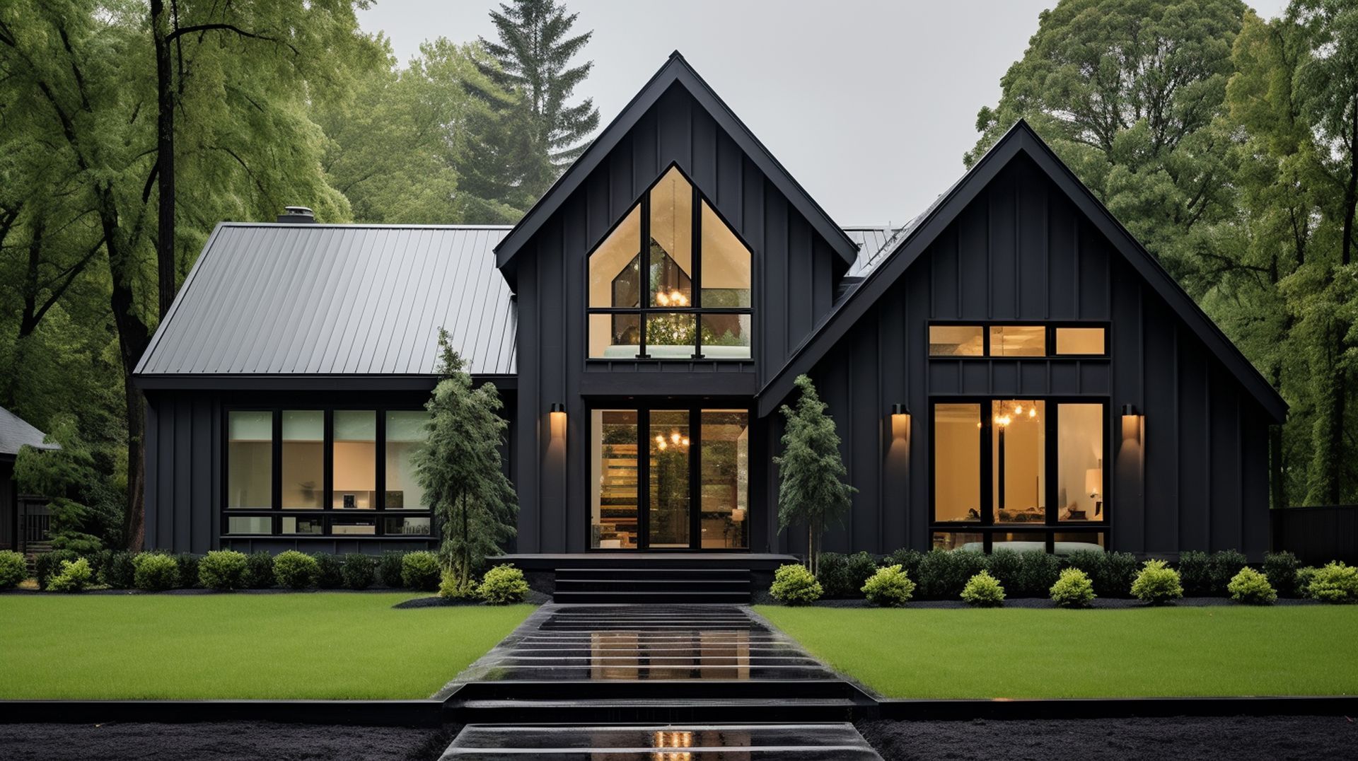 Une grande maison noire avec beaucoup de fenêtres est entourée d'arbres.
