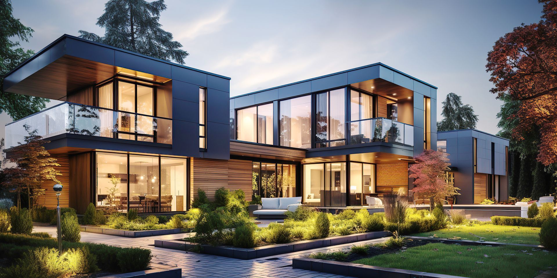 Une grande maison moderne avec beaucoup de fenêtres est entourée d'arbres.