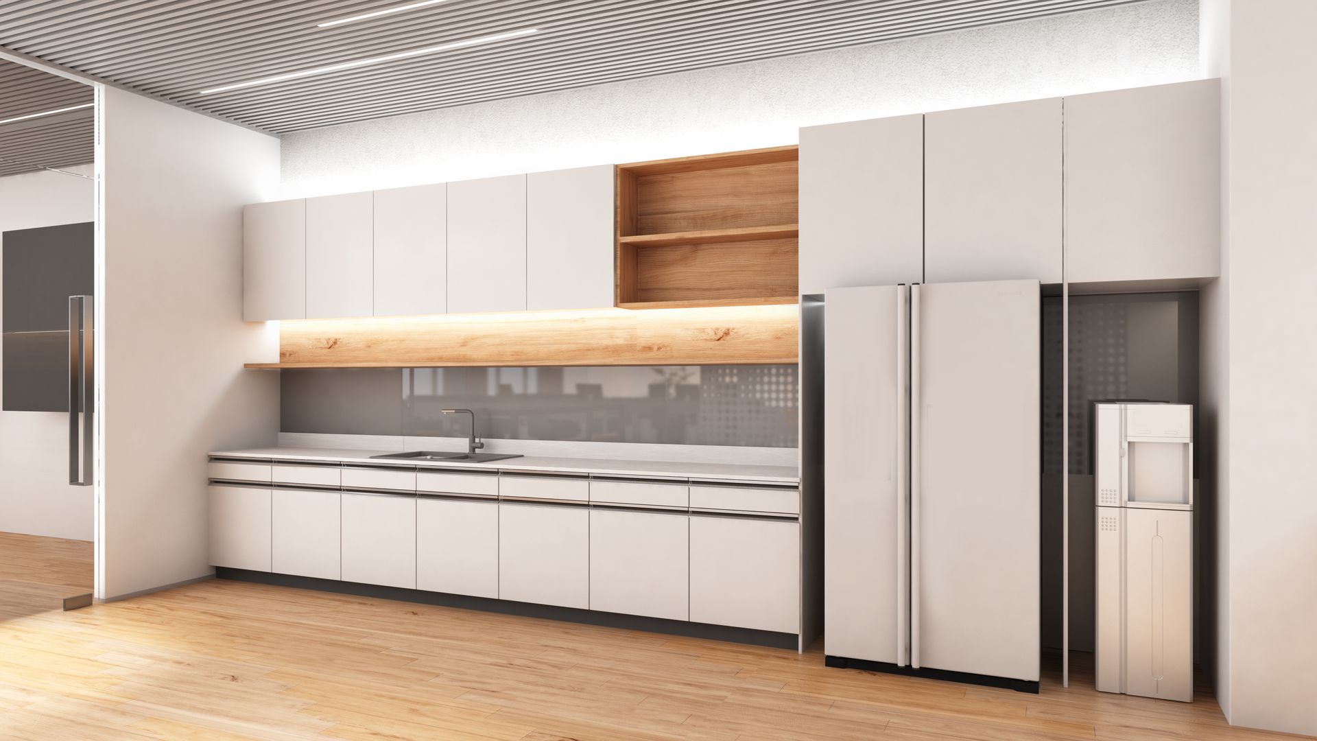 Kitchen pantry and built-in cabinets, showcasing garage cabinet design with light wood floors.