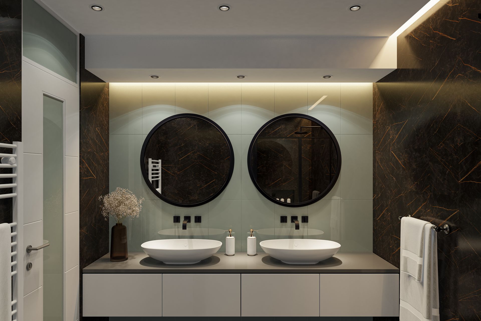 Contemporary Bathroom with Black Marble Tiles
