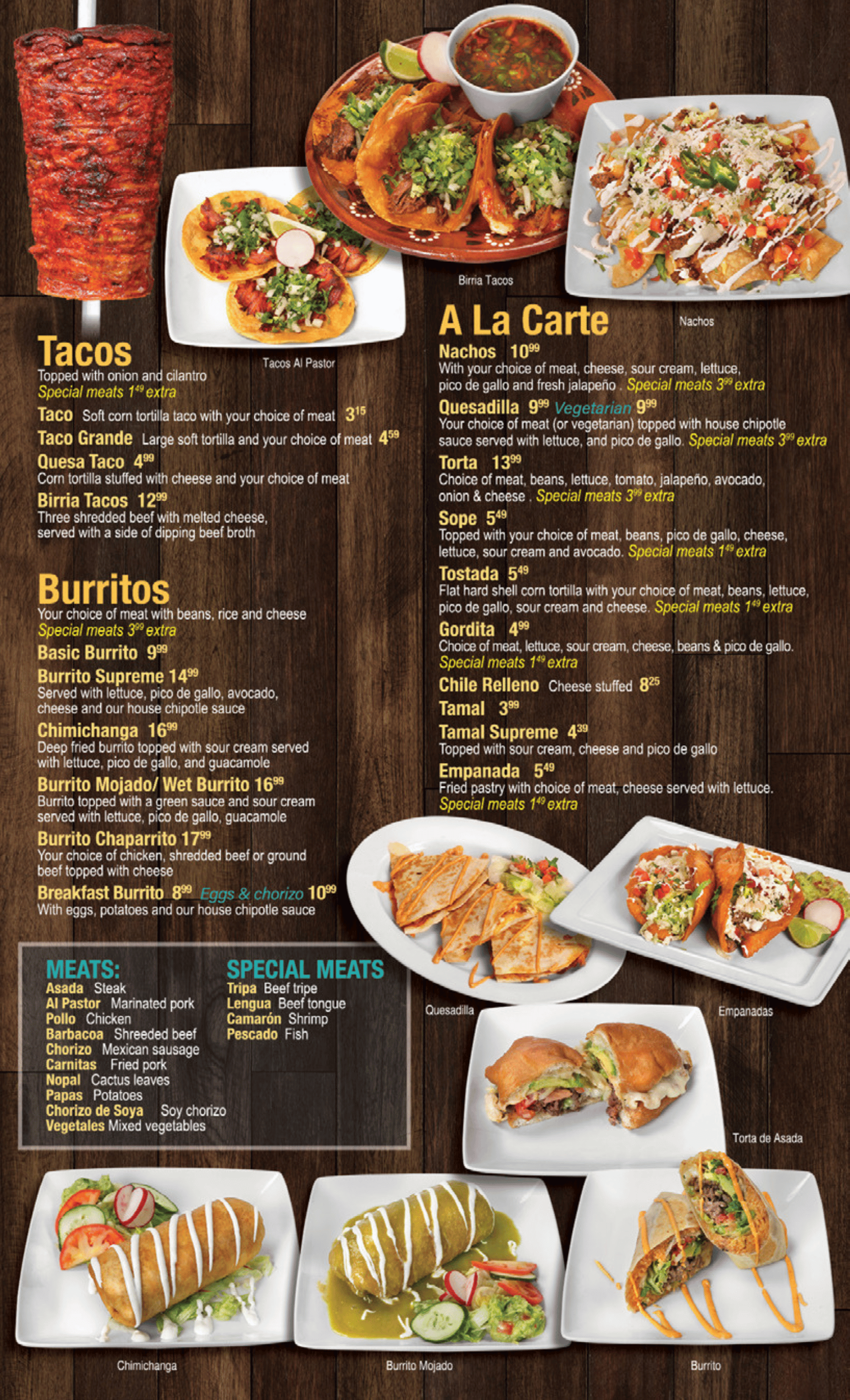 El Chaparrito's signature dishes: Milanesa, Chile Relleno, Taquitos, Enchiladas, Carne Asada, and Alambre 