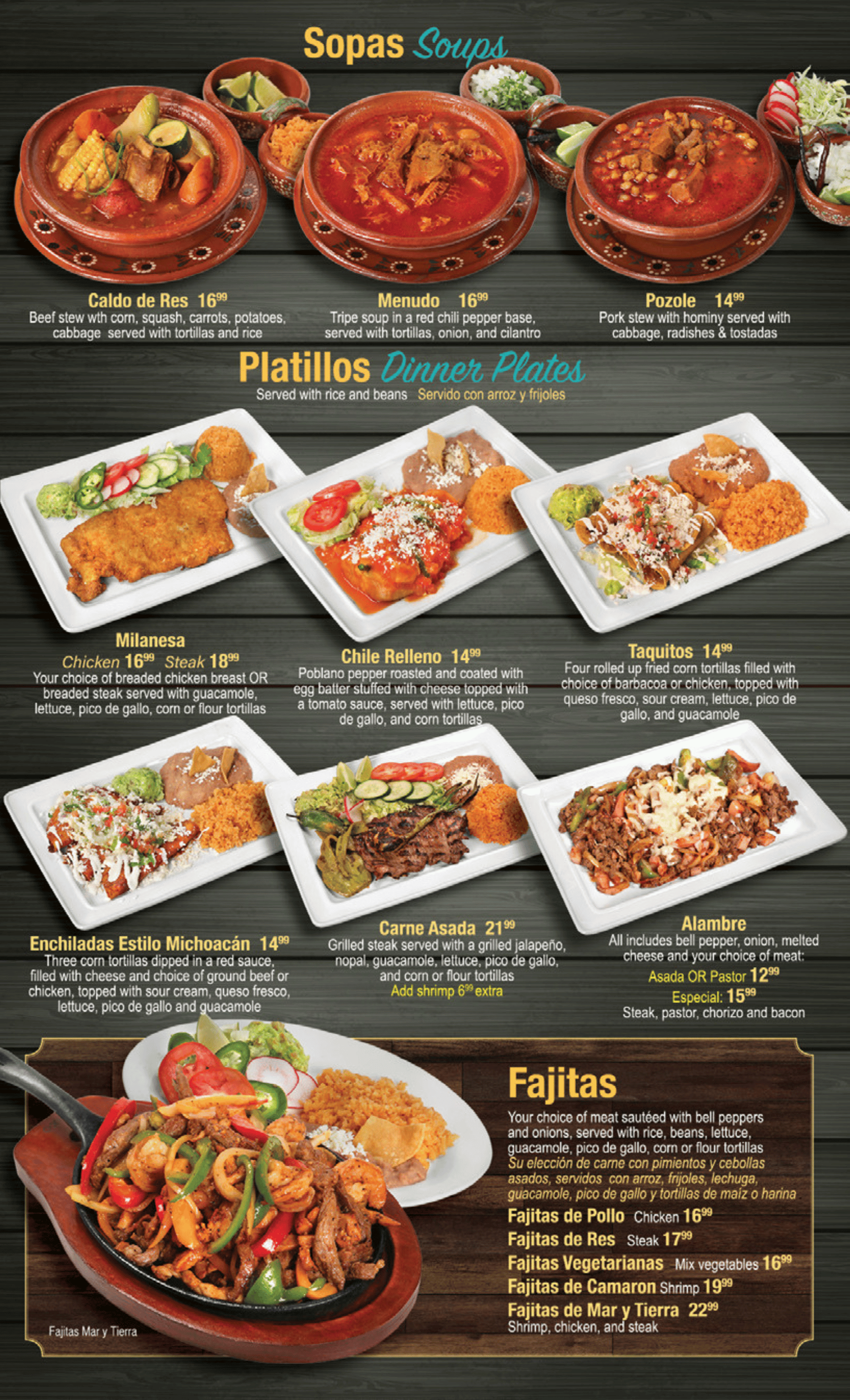 El Chaparrito's signature dishes: Milanesa, Chile Relleno, Taquitos, Enchiladas, Carne Asada, and Alambre 