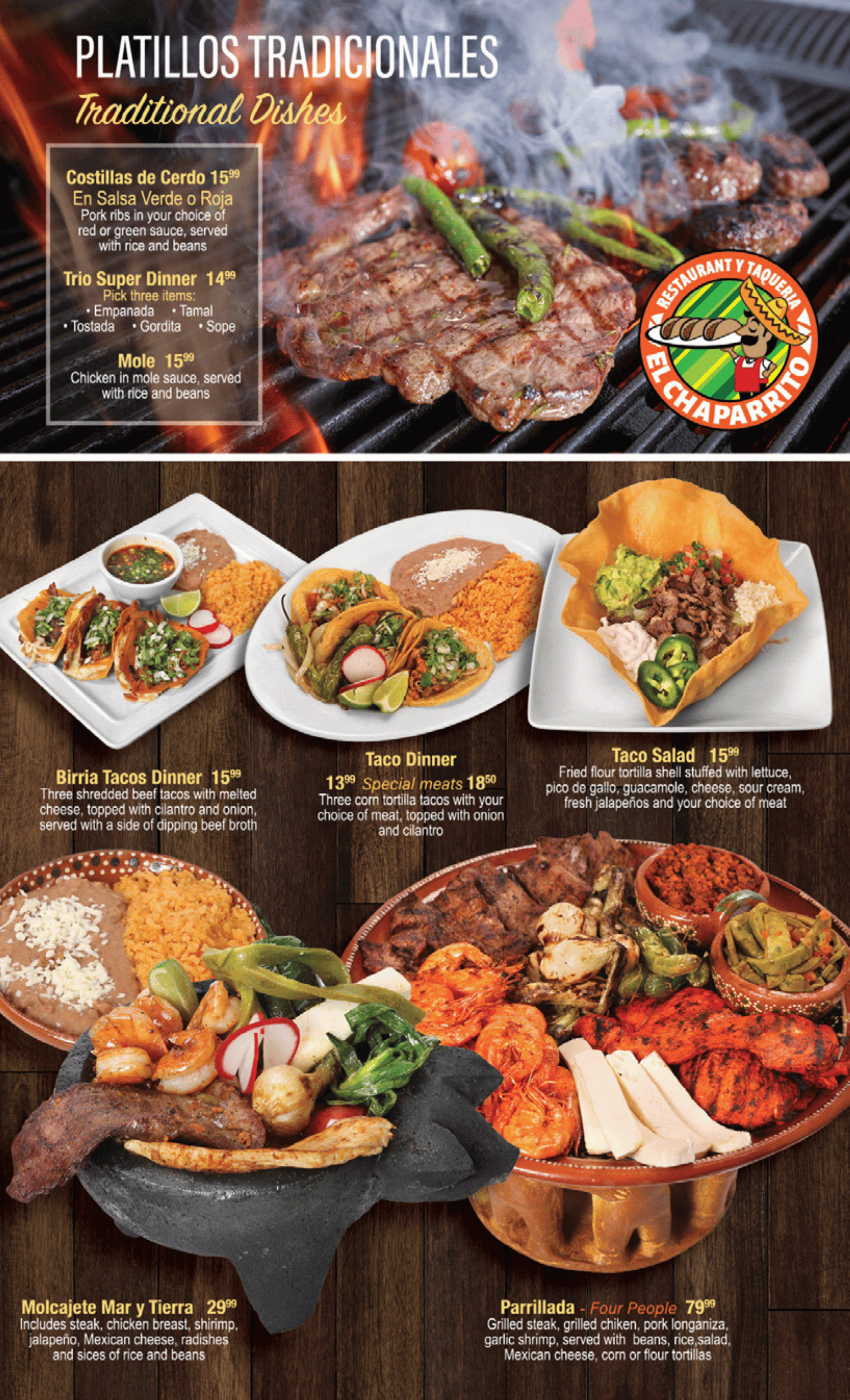 El Chaparrito's signature dishes: Milanesa, Chile Relleno, Taquitos, Enchiladas, Carne Asada, and Alambre 