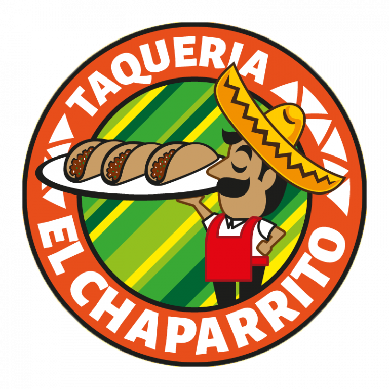 Taqueria El Chaparrito logo featuring cheerful mascot in sombrero and red apron serving authentic Mexican tacos
