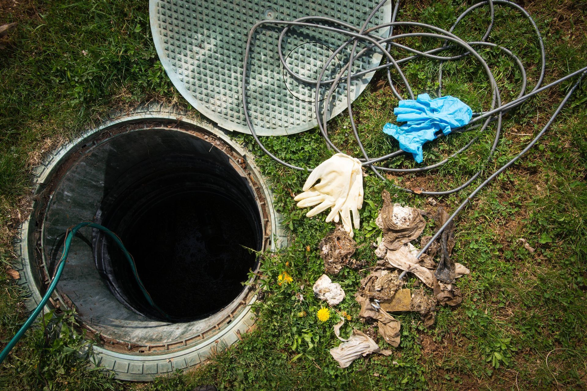 A manhole cover with a hose and gloves coming out of it.