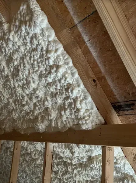 Spray foam insulation applied to the wooden roof rafters and wall studs in an unfinished attic space.