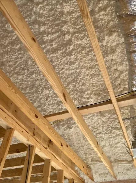 Spray foam insulation applied to the underside of a wooden roof deck and between exposed rafters.