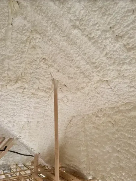 A close-up of light-colored spray foam insulation applied to the underside of a wooden roof structure.