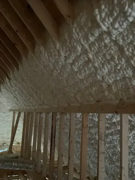 Interior view of wooden wall studs and attic rafters covered in thick, white spray foam insulation.