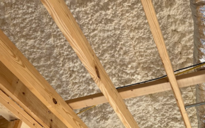 Spray foam insulation applied between exposed wooden ceiling joists in an unfinished room.