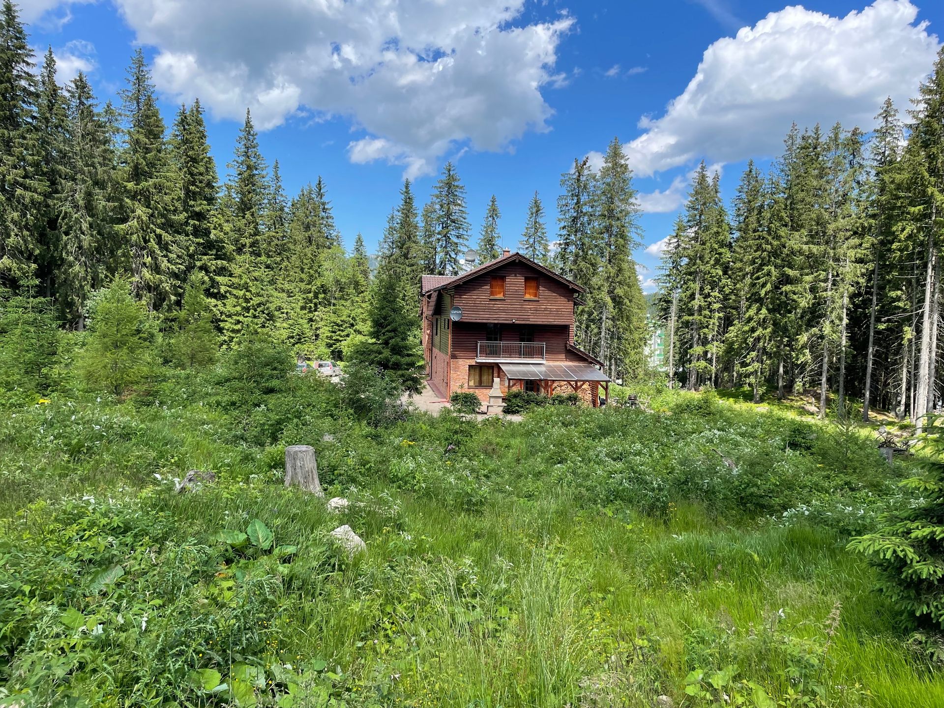 Villa stojí uprostred trávnatého poľa uprostred lesa.