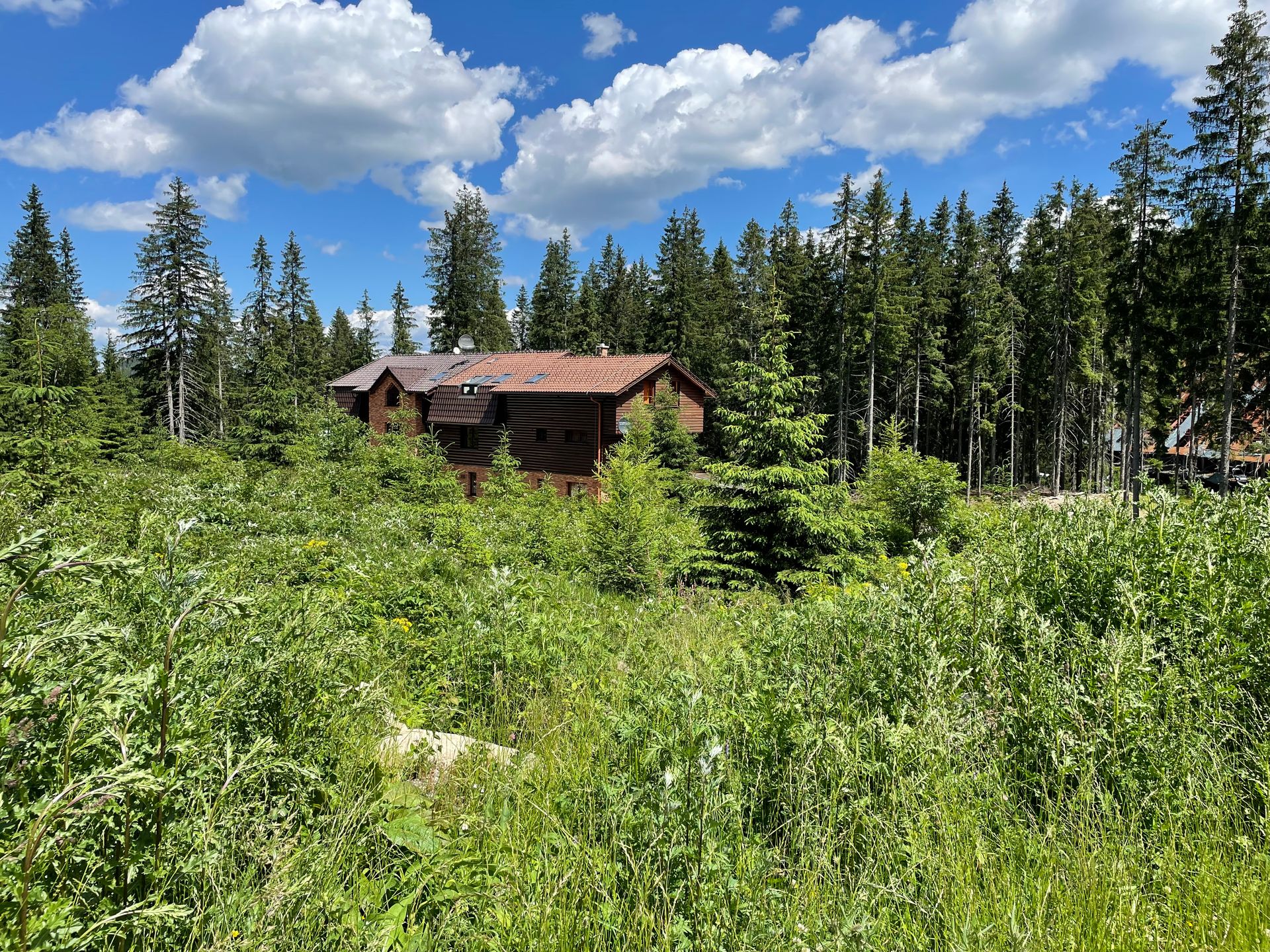 Villa stojí uprostred poľa obklopený stromami.