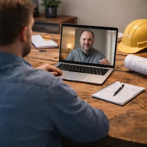Person on laptop video call with a man at a wooden work desk, with notebook, pen, and yellow hard hat nearby.