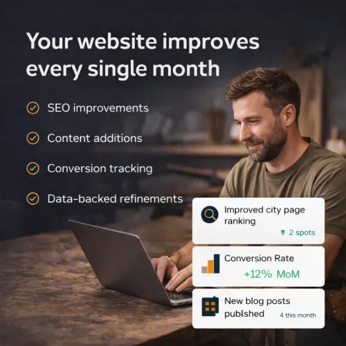Man using a laptop beside monthly website growth stats and SEO improvement checklist