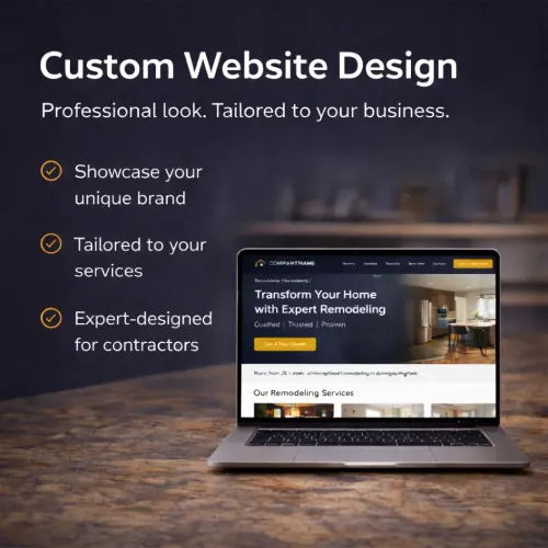 Custom website design promo on dark background, with laptop mockup and three feature bullets